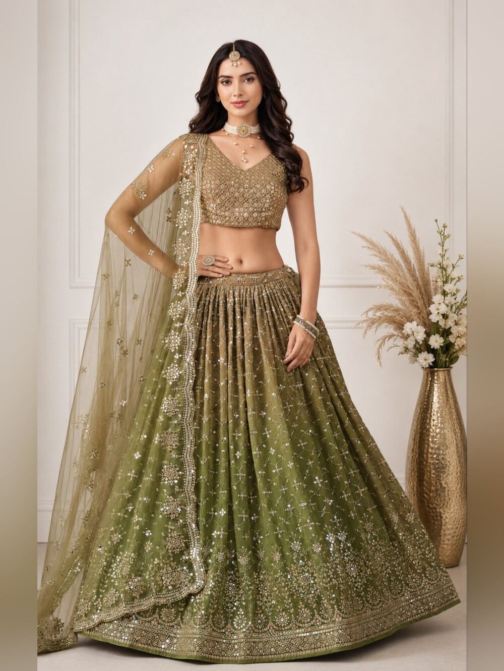 Gradient Dual-Tone Mehendi Green Embroidered Lehenga Choli Set